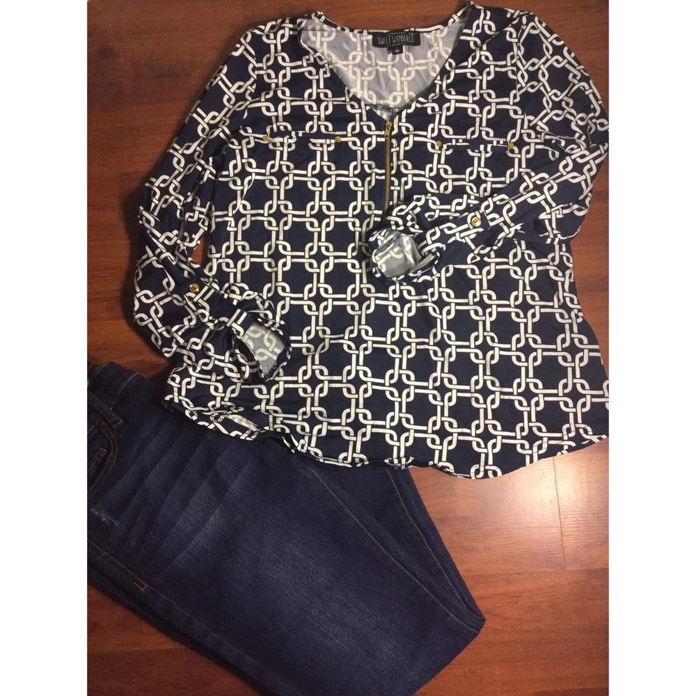 Sweet Wanderer Sz L Nautical blouse w Gold accents